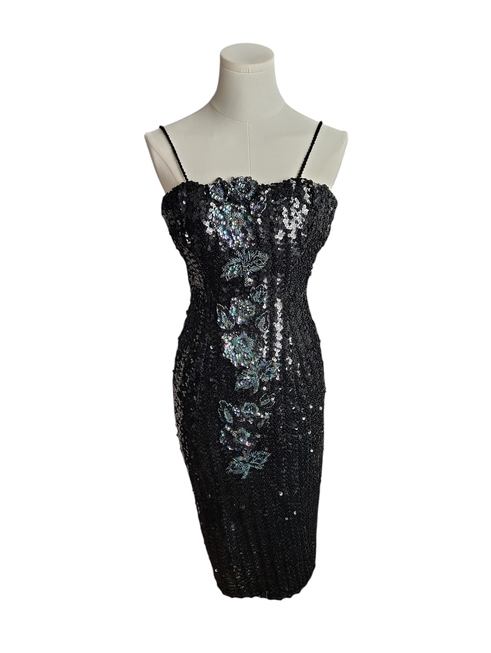 Vintage Full Sequined Beaded Black Floral Spaghetti Strap Cocktail Dress Size XS